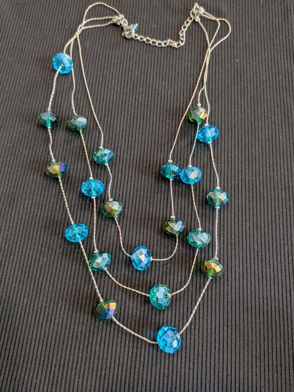 B#4: Multi-Strand Blue & Green Crystal Bead Necklace12"